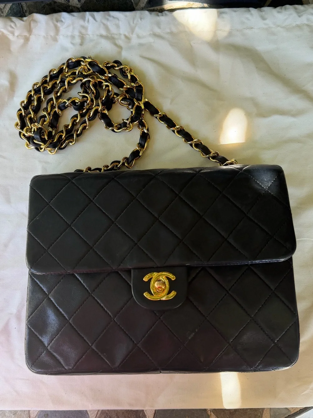 Vintage 24k Gold Chanel Classic Small Square Black Lambskin bag w COA